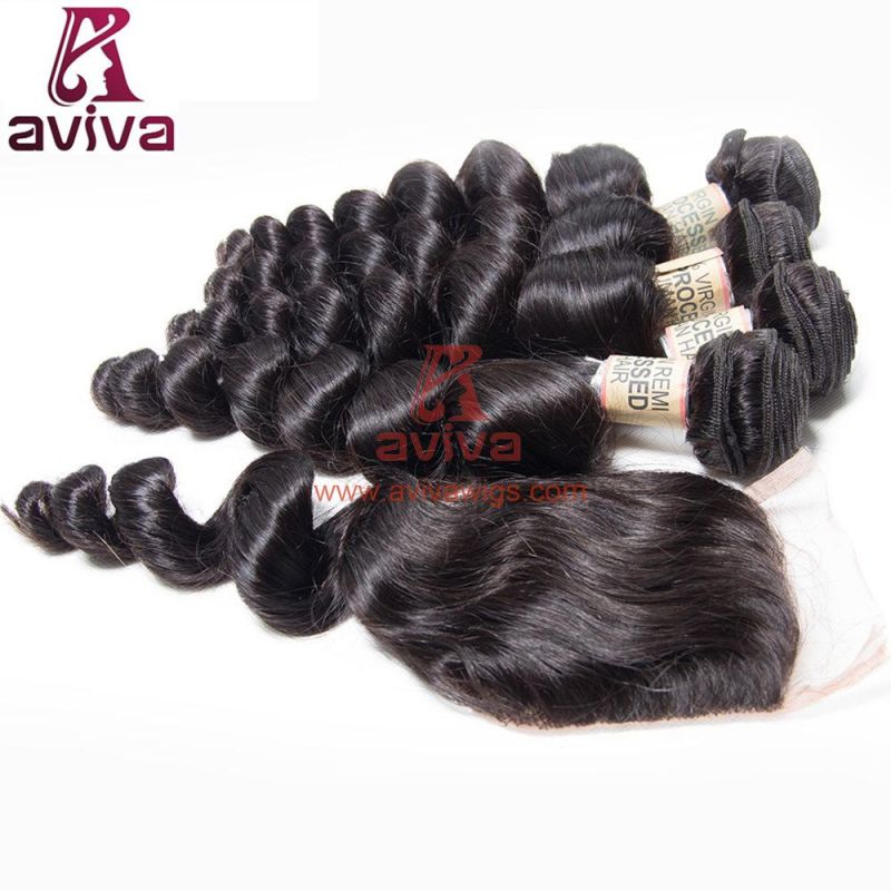 Brazilian Loose Hair Closure 4"X4"Natural Color with Baby Hair Bleached Knots Swiss Lace