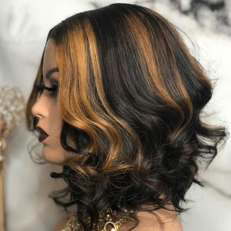 T Part Lace Brazilian Remy Human Hair Wigs Hightlight Color Loose Wave Bob Wig with Pre Plucked Hairline