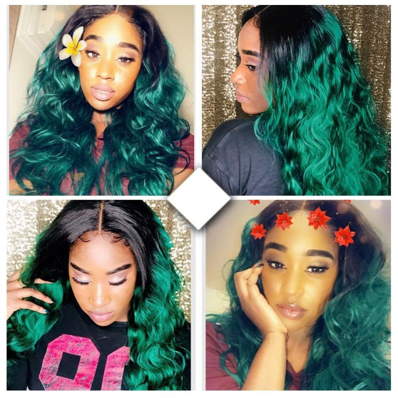 Two Tones Ombre Human Hair 4 Bundles with Closure 1b Green Body Wave Hair Weave with Closure Dark Roots Non-Remy
