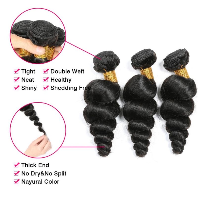 Human Hair Loose Wave Bundles with Closure Brazilian Hair Weave Bundles with Swiss HD Transparent Lace Closure with Bundles with Frontal Natural Black