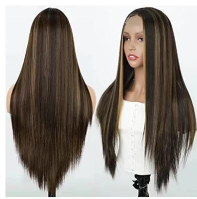 Highlight Ombre Brown Color Synthetic Long Straight Lace Wigs Human Hair