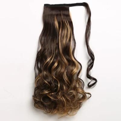 Ombre Brown Long Curly Ponytail Hairpiece Synthetic Magic Paste Ponytail Wrap Clip in Hair Extension