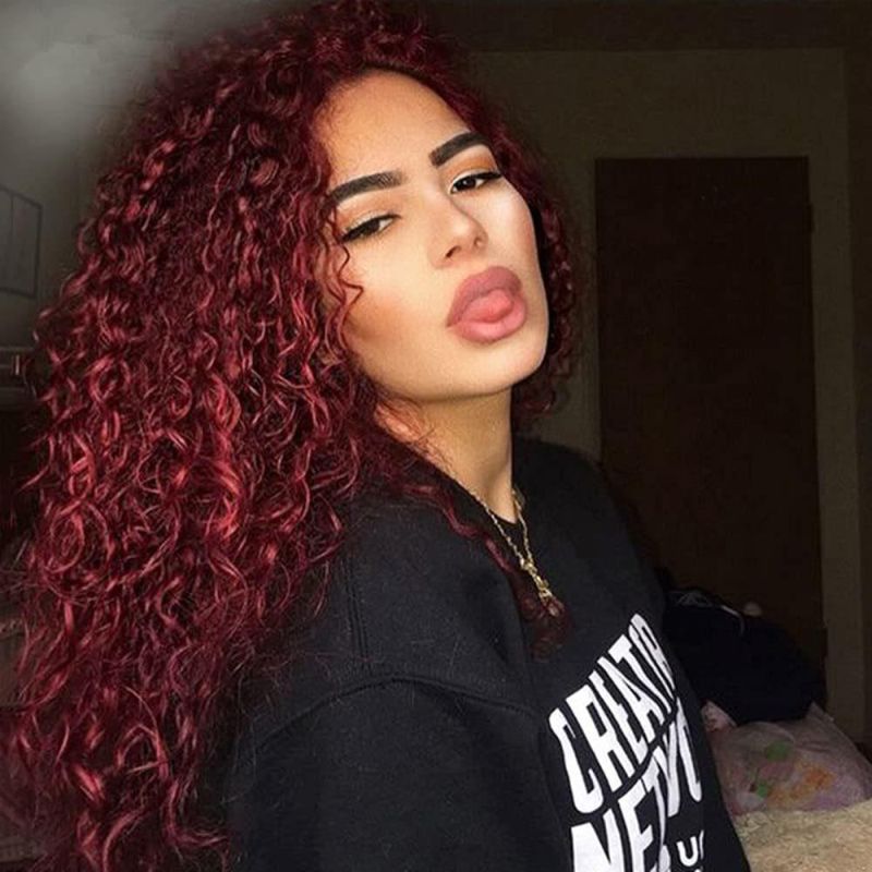 28′′ Lace Wig Loose Curly Lace Front Wigs Dark Red Long Water Wave Synthetic Wig with Baby Hair Hairline