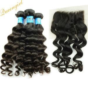 Cheap Remy Loose Deep Curl Indian Virgin Human Hair Lace Closure with 3 Bundles