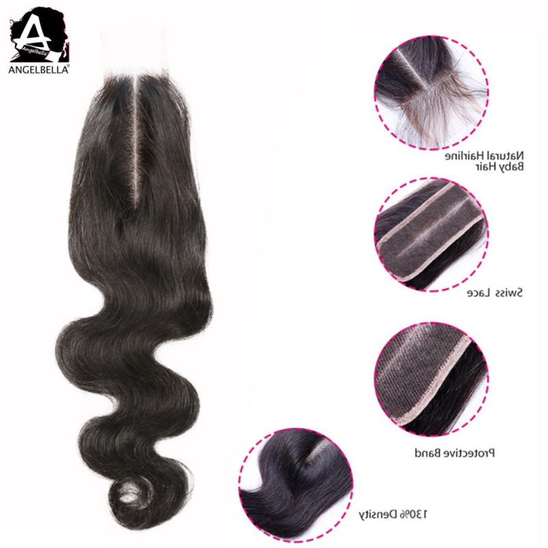 Angelbella 1# Natural Black Color Lace Closures Body Wave 100% Virgin Remy Hair Closure for Party
