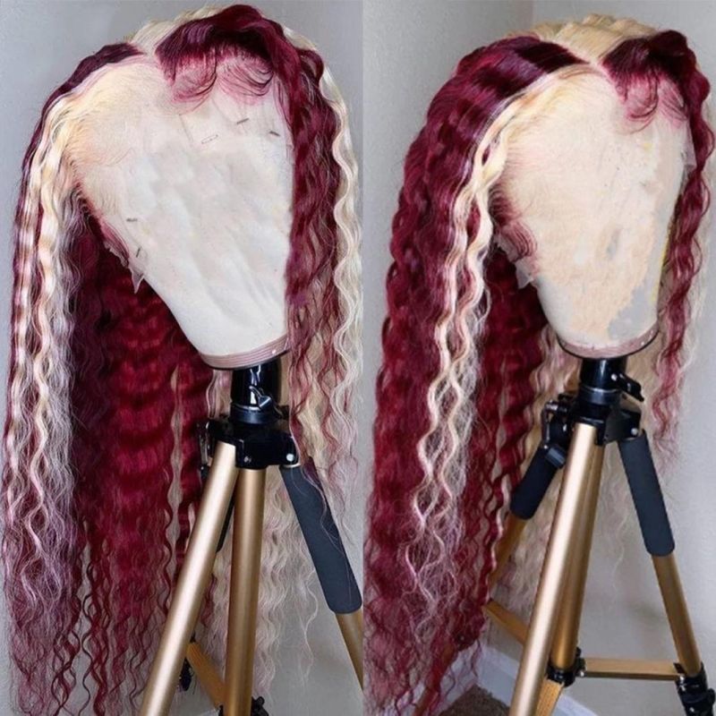 Curly 613 Blonde Colored 99j Burgundy HD Transparent Highlight Lace Frontal Human Hair Wigs Pre Plucked Full Deep Wave Wig 26 Inches