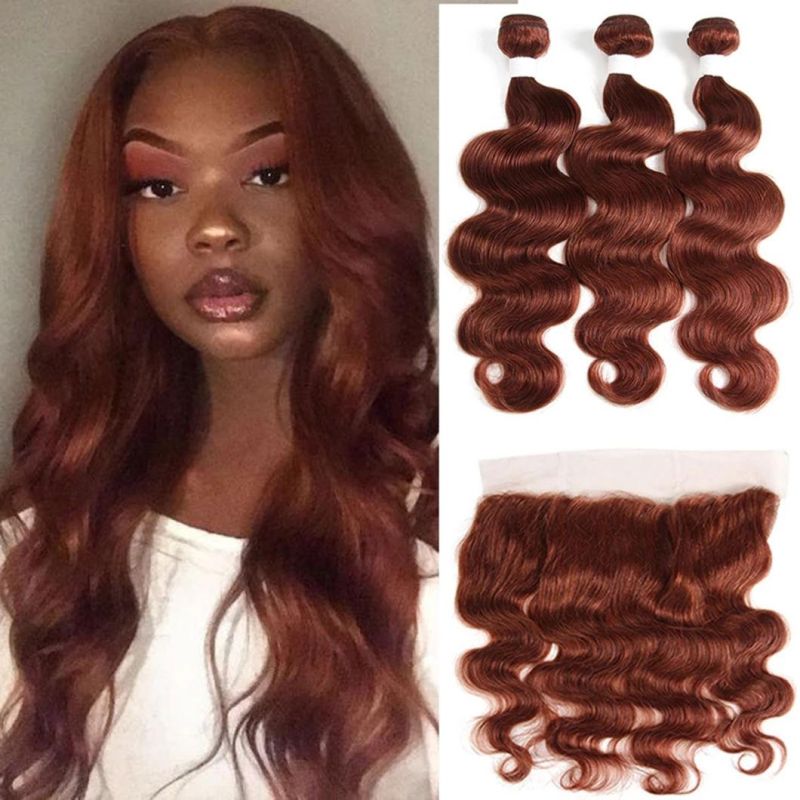 Brazilian Human Hair Bundles with Frontal Lace Auburn Brown Body Wave Non-Remy 100% Human Hair Weaves Bundle with Closure
