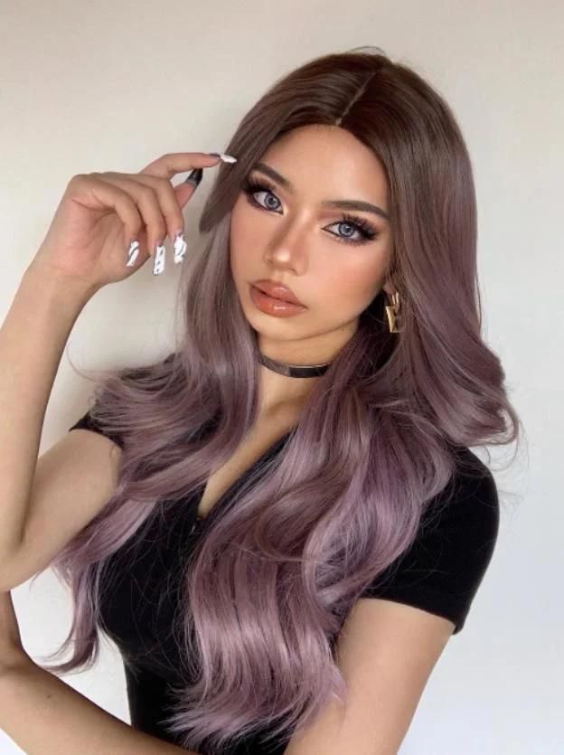 Freeshipping Long Wavy Brown Purple Synthetic Wigs for Women Heat Resistant Natural Middle Part Cosplay Party Lolita Hair Wigs Dropshipping Wholesale
