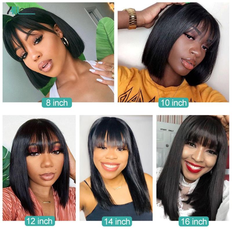 100% Natural Black Short Bob Wig with Bangs for Black Women, Brazilian Virgin Remy Straight Human Hair Fringe Bob Style Cut Wig