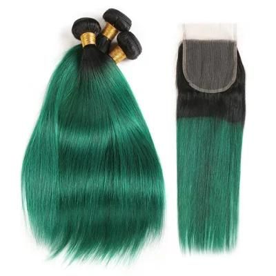Brazilian Straight Hair Weave 3/4 Bundles with Closure 1b/Green Color 10-30 Inch Remy Human Hair Bundles with Closure