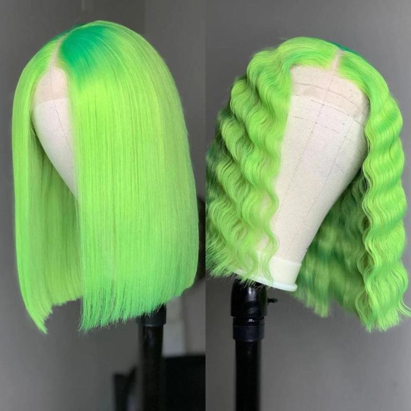 Lace Part Short Green Human Hair Wigs Straight and Deep Wave Middle Wig for Black Women Pre Plucked with Baby Hair 13X4X1 Lace 12 Inches