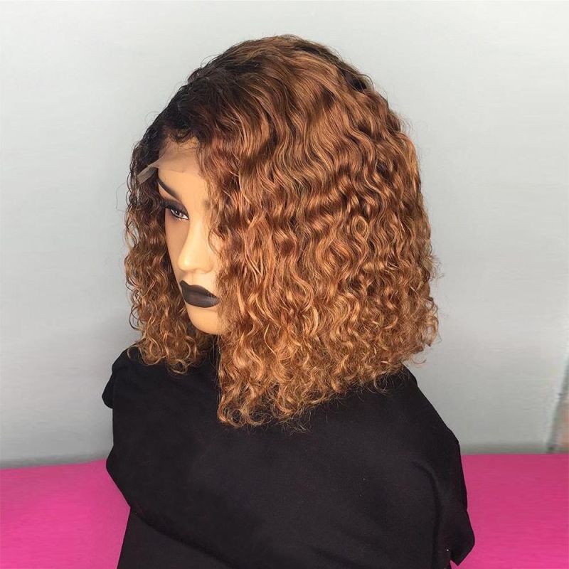 Brown 1b 27 Ombre Color Short Kinky Curly 100% Human Hair Lace Front Bob Wigs, HD Lace Frontal Curly Bob Wig with Highlights