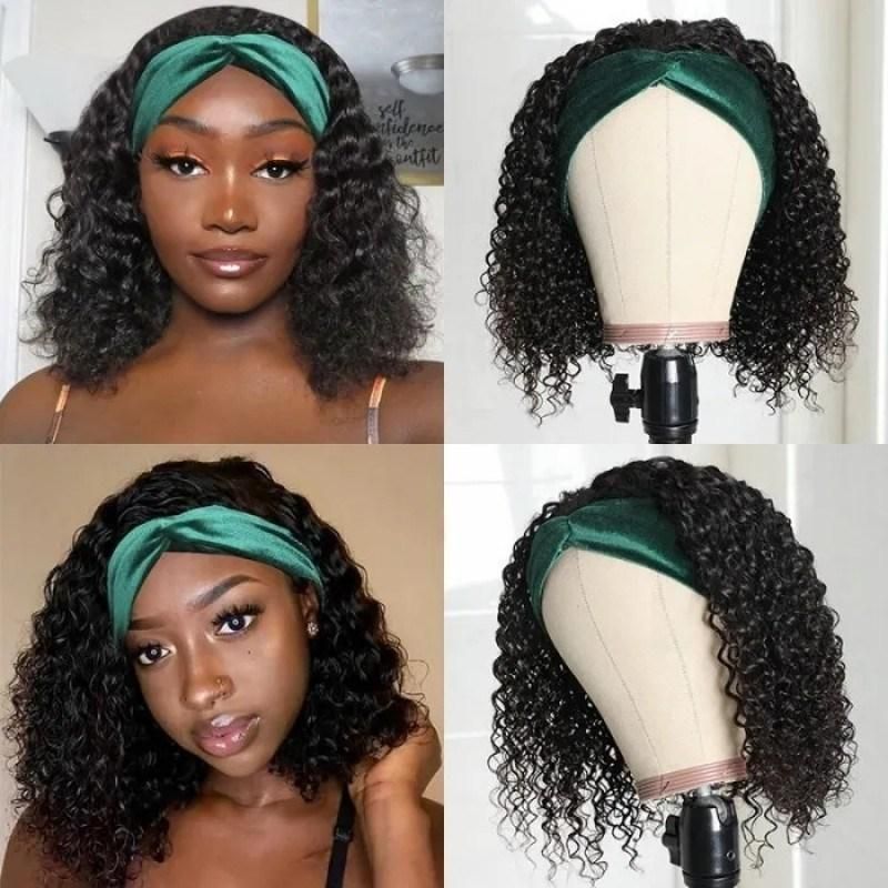 Raw Brazilian Bob Hair Wig 12 Inch Natural Color Headband Wig Human Hair Curly Wig