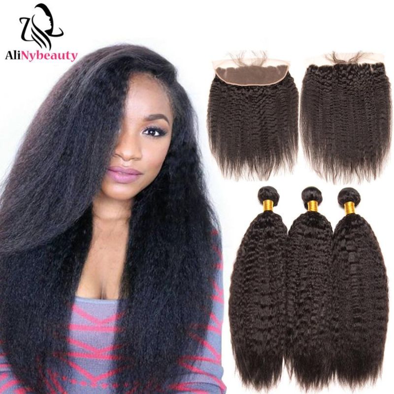 Alinybeauty Virgin Human Kinky Straight Hair Bundles with Lace Frontal
