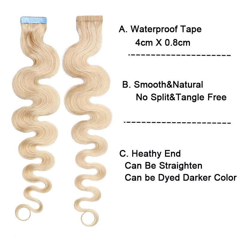 12"-24" 2.5g/PC Remy Human Hair Body Wave Tape in Hair Extensions Adhesive Seamless Hair Weft Blonde Hair 20PC (#6 Light Brown)