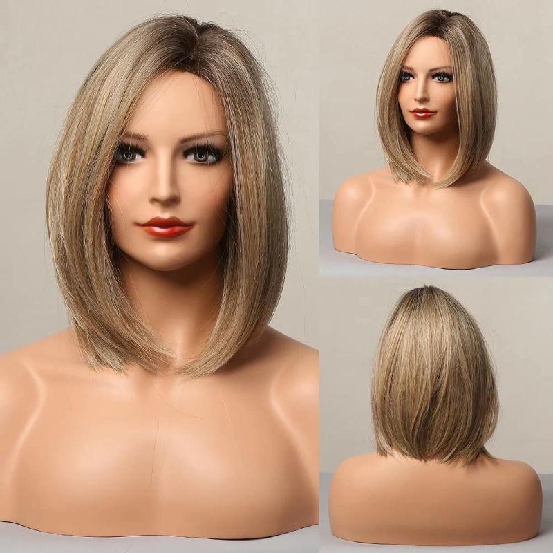 Blonde Wig Bobo Short Hair Side Parting Wig Hand-Tied Hairline Natural Women′s Shoulder Length Ombre Wig