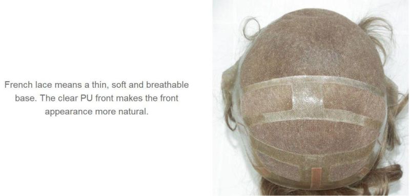 French Lace for Comfort - PU for Hidden Hair Line - Natural Finish - Real Human Hair with Thick Strips Men′s Full Cap Wigs
