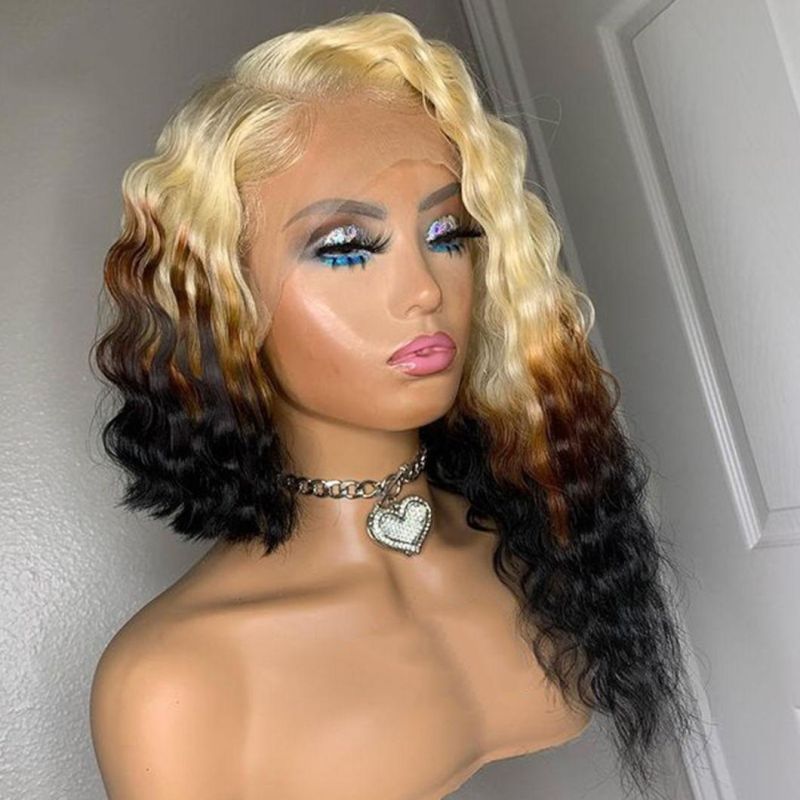 Curly Bob Ombre Blonde Colored 613 Lace Front Wig for Black Women Frontal HD Transparent Deep Wave