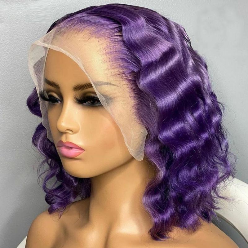 Purple Color Deep Wave T Part Lace Wigs with Natural Hairline Brazilian Remy Human Hair Bob Wig for Women