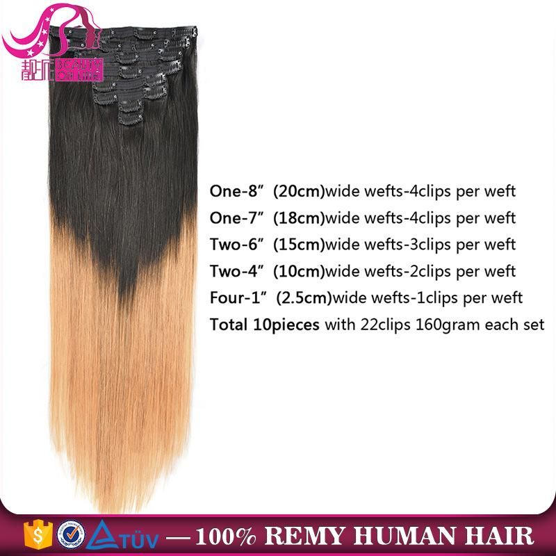 Wholesale 20 Inch Ombre T1b/27 160g Full Head Human Hair Extensions Clip in Human Hair Extensions
