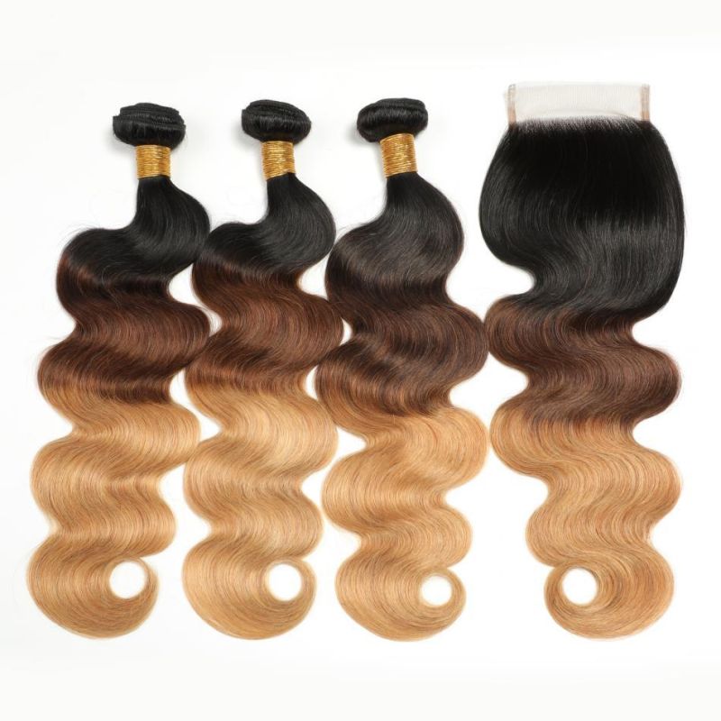 Top Grade Colored Brazilian Body Wave Hair Weave 3/4 Bundles with Closure Blonde 1b/4/27 Remy Ombre Human Bundles with Lace Closure Wholesale Hair