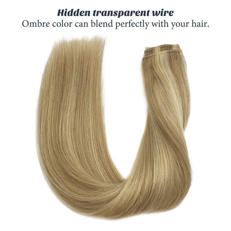 Extensions Human Hair Ombre Light Blonde Highlighted Golden Blonde 18 Inch Remy Halo Hidden Crown Wire Hair Extensions with Transparent Fish Line Hairp