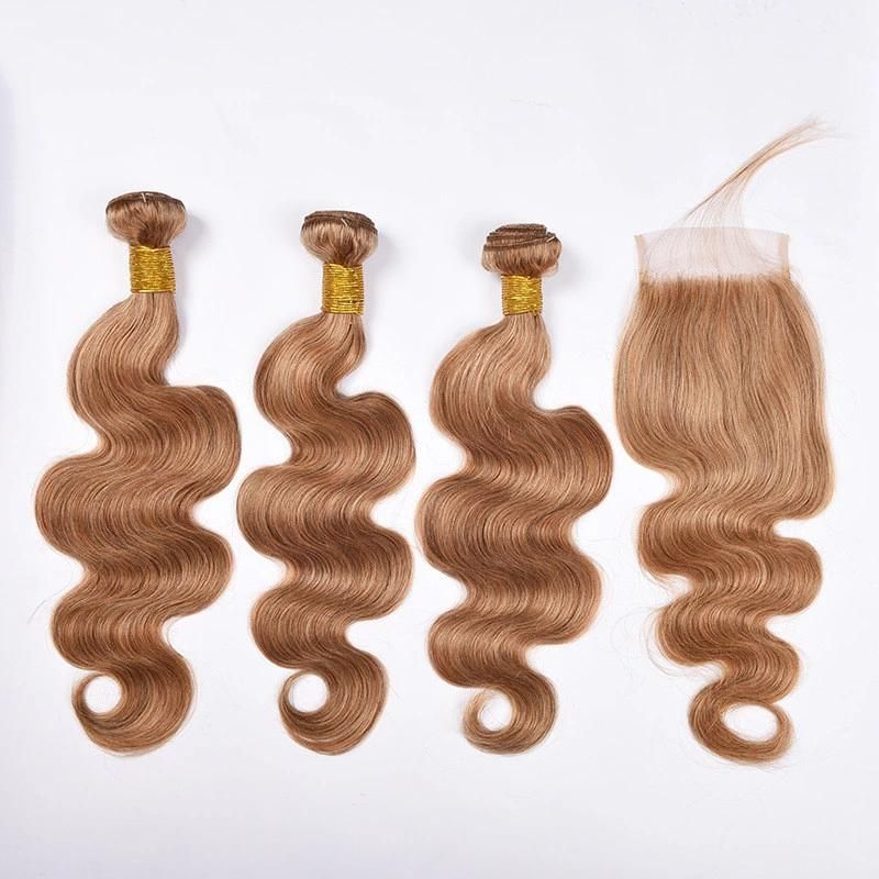 Light Brown Human Hair Extension Straight Double Drawn #27 Straight Human Hair Bundles for Black Women with 4*4 Closure