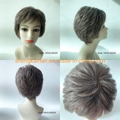 Wholes Good Quality Handtied Human Hair Synthetic Hair Mix Grey Color Short Wigs for Older Women 577