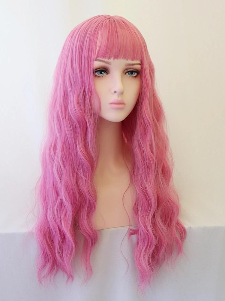 26 Inch Cute Pink Long Body Wavy Curly Wigs Hair with Air Bangs Fluffy Natural Lolita Wig for Women