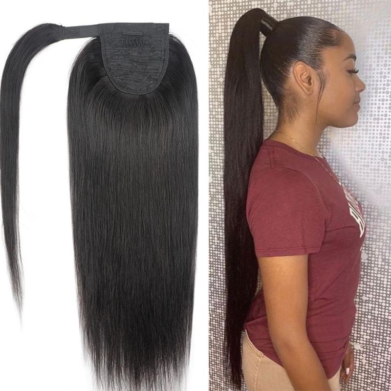 Ponytail Human Hair Clip in Straight European Wrap Around Long Ponytail Clip in 100% Remy Human Hair Extensions
