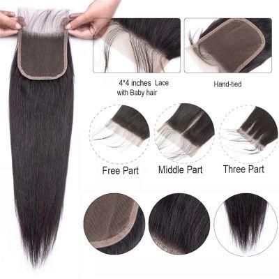 Free Part Hair Closure Middle Part Human Hair, Hand Tied Human Hair Wig, 4*4 Lace Human Hair Closure Natural Color Hair