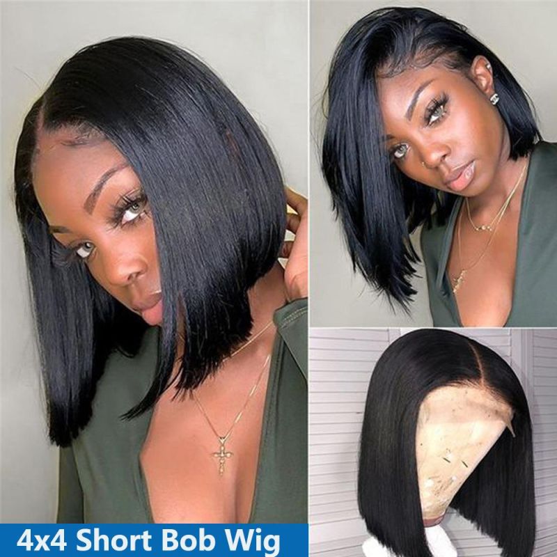 4*4 150% 14 Inch Short Bob Straight Black Women Hair Real Human Natural Hair Wigs Dropshipping Wholesale