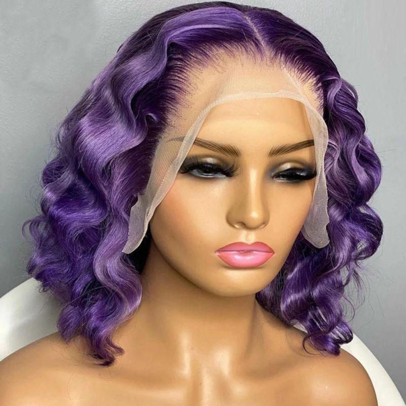 Purple Color Deep Wave T Part Lace Wigs with Natural Hairline Brazilian Remy Human Hair Bob Wig for Women