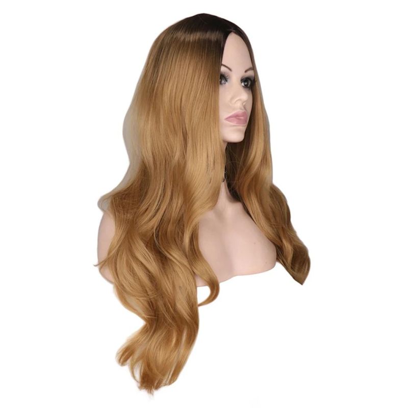 Ombre Long Wavy Wig Natural Two Tone Middle Part Heat Resistant Fiber Hair Wig Synthetic Wigs 26 Inches for Women
