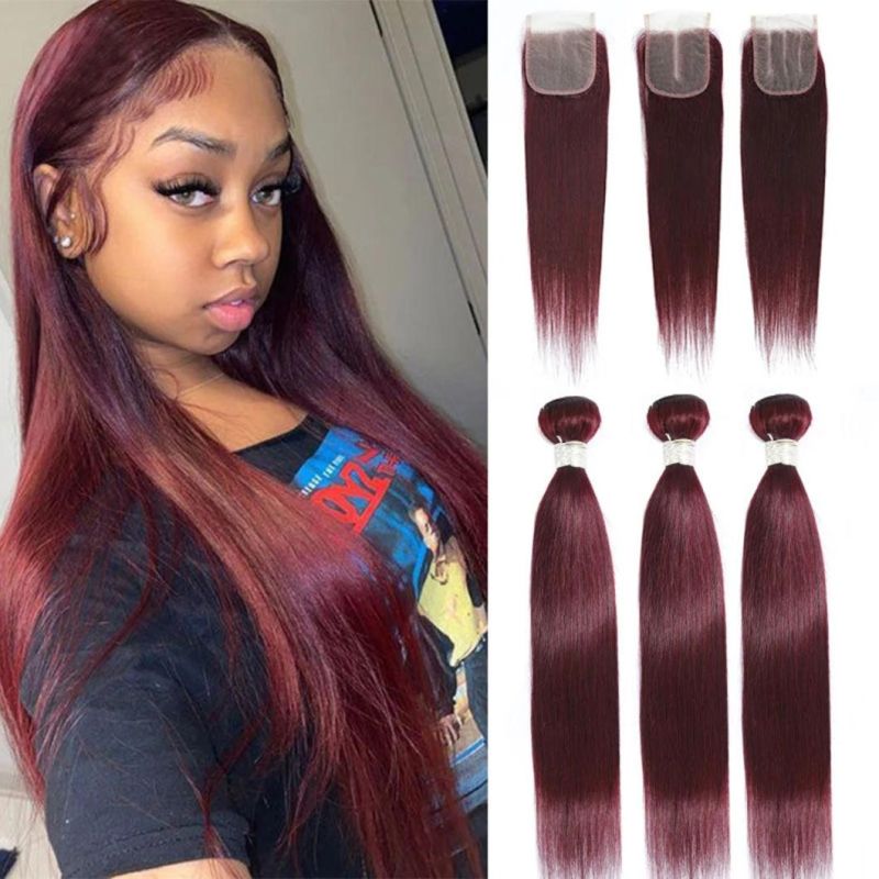 99j Dark Red Wine Bundles with Closure Brazilian Human Hair Weave Colored Straight Remy Hair 4 X 4 Lace Size