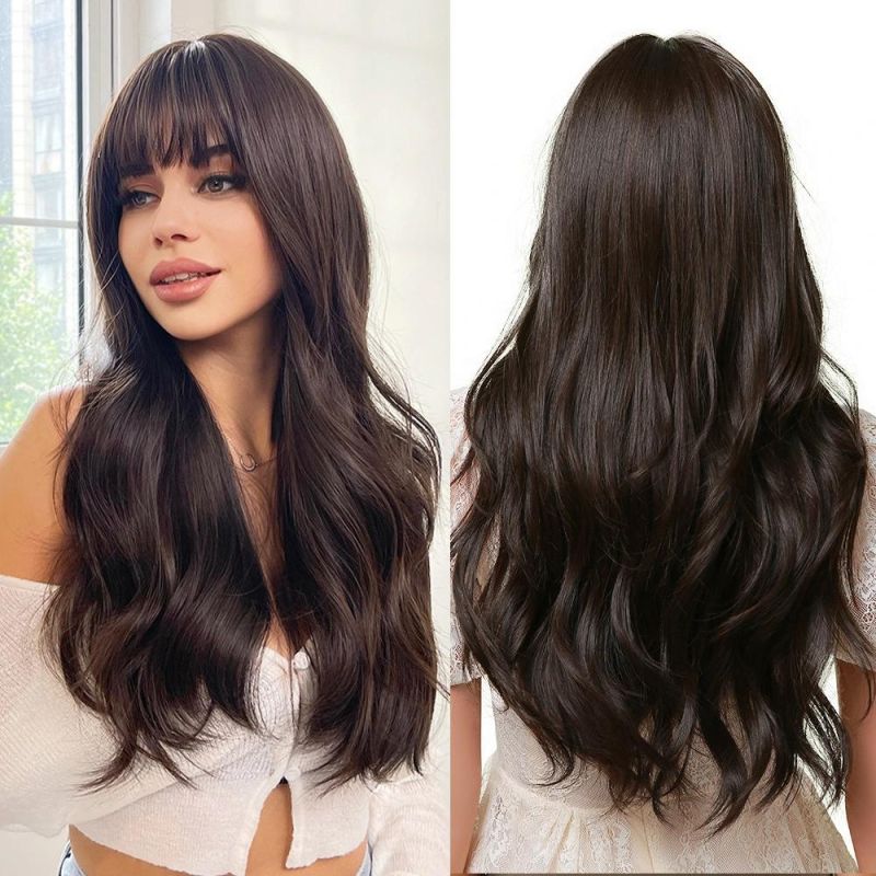 Freeshipping Natural Dark Brown Black Wig Long Deep Wave Synthetic Wig with Bangs Cosplay Heat-Resistant Wig for Woman Dropshipping Wholesale