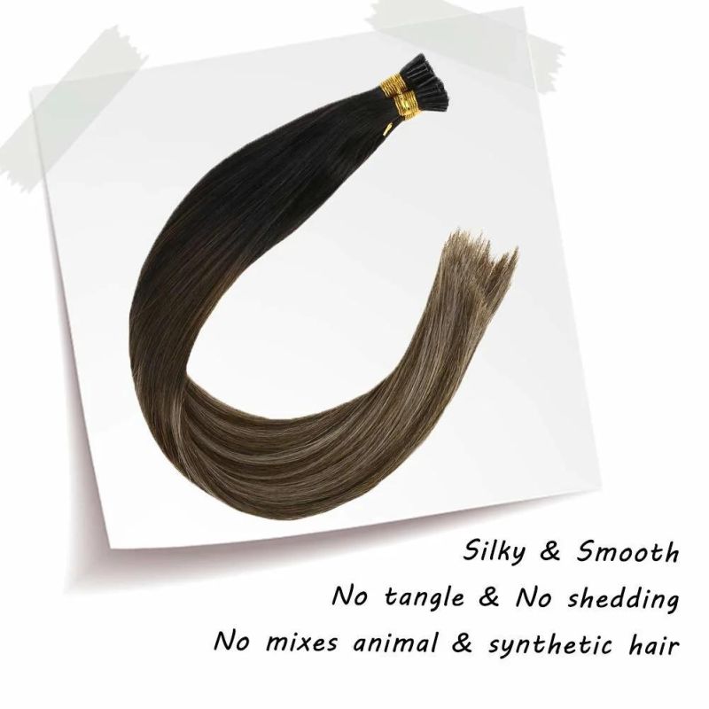 Pre Bonded I Tip Human Hair Extensions-Natural Black Root to Dark Brown Mixed Dark Ash Blonde Remy Silky Straight I Tip Keratin Hair Extension, 22inch 50strands