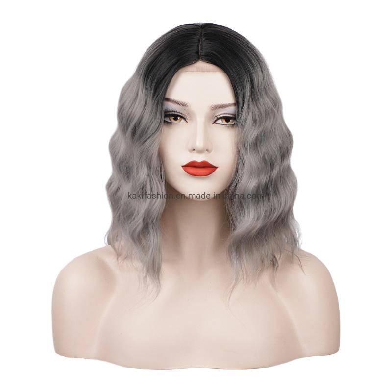 Kaki Hair 15 Inch Middle Part Short Body Wave Grey Wigs Lace Wigs Synthetic Hair Wigs for Black Women