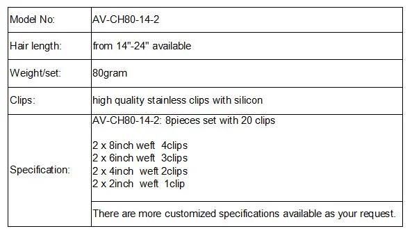 100% Virgin Hair 7PCS 80gram Clip in Human Hair Extension (AV-CH80-14-2)