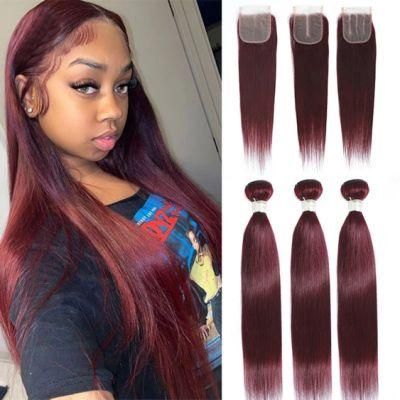 99j Dark Red Wine Bundles with Closure Brazilian Human Hair Weave Colored Straight Remy Hair 4 X 4 Lace Size