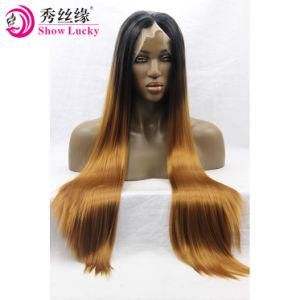 Ombre Straight Synthetic Hair Front Lace Wig for Afro Black Woman High Temperature Kanekalon Fiber Wig