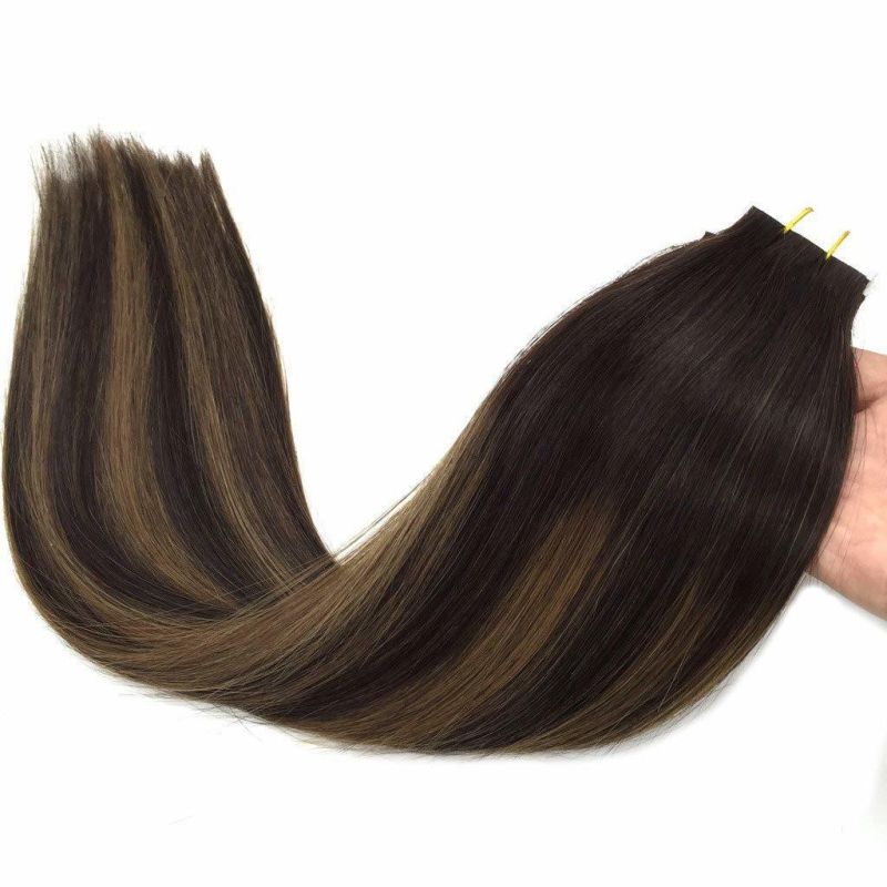 Hair Extensions Tape in Ombre Dark Brown to Chestnut Brown Balayage Real Remy Human Hair Extensions Tape in Natural Hair 20PCS 50g 14 Inch