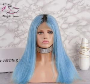Hot Selling High Quality Light Blue Color 130% Density Human Full Lace Straight Hair Wig