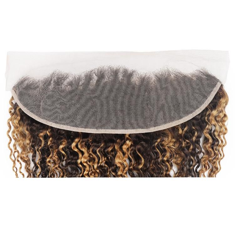 13X4 Transparent Lace Front Closure Kinky Curly Virgin Human Hair Weft Piano #P4/27