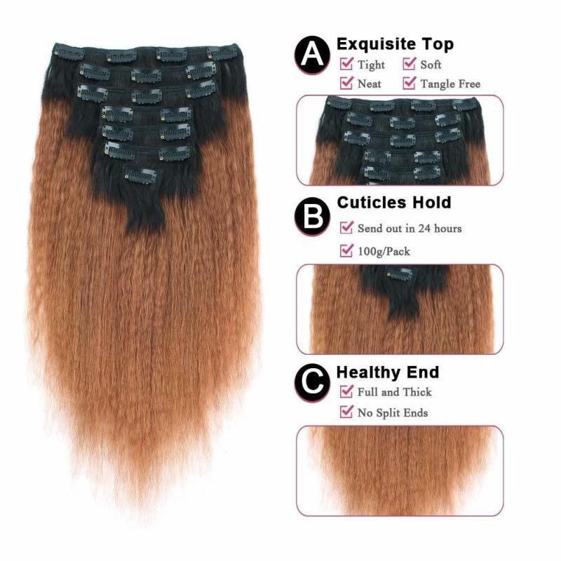 Kbeth Human Hair Extension Clip in for Black Women Remy Long Tangle Free Yaki Kinky Straight 100% Unprocessed Black Brown Color Human Hair Extensions