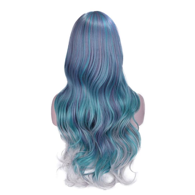 Mixed Violet Blue Green Light Gray Color Heat Resistant Fiber Long Wavy Synthetic Wigs for Women Middle Part Wig 28 Inches