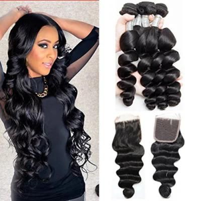 Kbeth Original 100% Unprocessed Remy Brazilian Human Hair Closure, Virgin Hair Loose Wave Bundles with Lace Closure 4*4