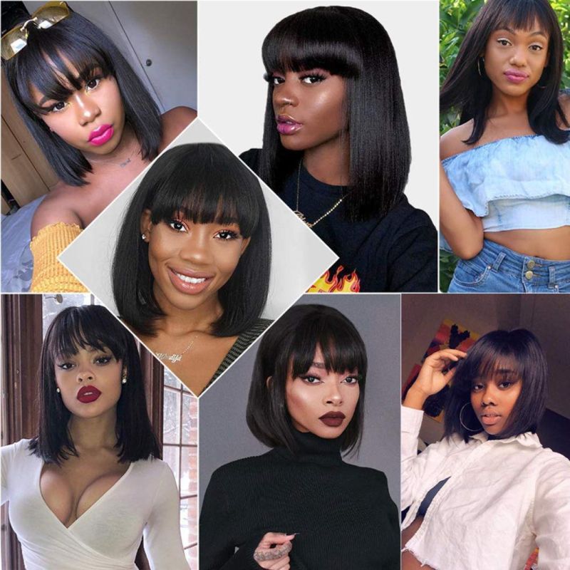 Short Bob Wigs with Bangs Brazilian Straight Human Hair Wigs Lace Front 4X4 Wigs Human Hair 150% Density Bob Wigs for Black Women Natural Color 12 Inches