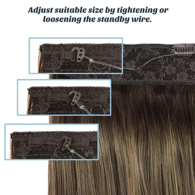 Hair Extensions Human Hair Chocolate Brown to Honey Blonde 16 Inch Natural Hairpiece Hidden Crown Hair Extensions with Transparent Fish Line