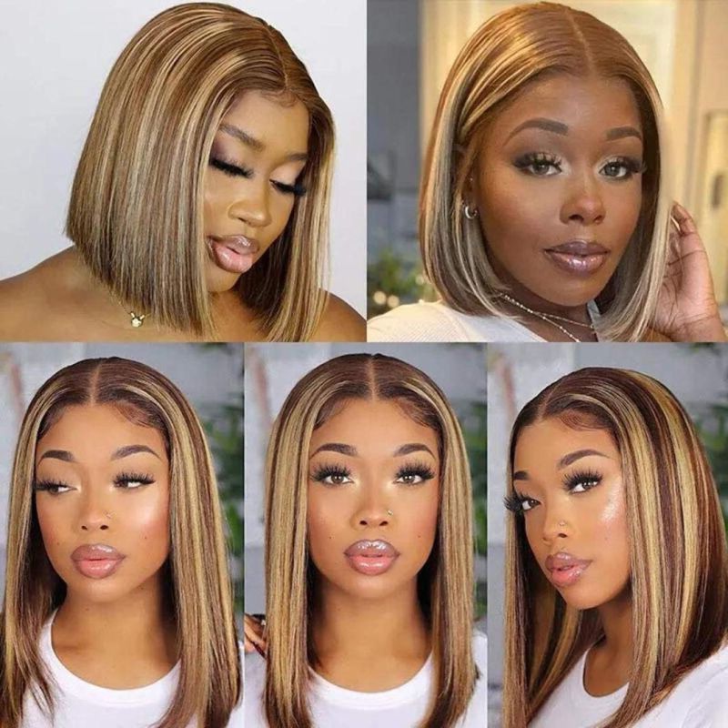 Short Blond Bob Wig Human Hair for Black Women Brazilian Remy Straight Hair Highlight Colored Lace Front Closure Bob Wigs Pre Plucked with Baby Hair 14 Inch